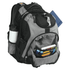 A black and grey backpack with multiple compartments, a drink bottle holder, and various coloured items in the front pocket.