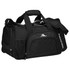 A black duffel bag featuring multiple compartments, carrying handles, and a shoulder strap, complete with a logo.