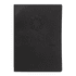 A black softcover notebook featuring a circular logo and embossed text on the front cover.