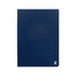 A navy blue softcover pocket journal with an embossed logo on the front, featuring a textured finish.