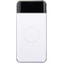A white wireless power bank with a black top section and a circular charging area, featuring a logo.