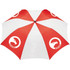 A red and white folding auto umbrella featuring a circular logo on its panels.