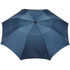 A navy blue folding auto umbrella with a rounded top and a central button for opening and closing. Includes a logo.
