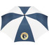 A navy and white striped folding umbrella featuring a circular logo. It has a sturdy handle and a compact design.