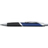 A metal pen featuring a blue and black design with a silver clip and accents. It includes a logo on the side.