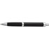 A black metal pen with a silver trim and a rubber grip. It features a click mechanism and has a logo.