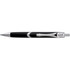 A metal pen with a sleek black body and silver accents, featuring a distinctive design and a logo.