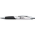 A sleek silver and black metal pen with a clip and a logo on the barrel.