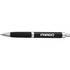 A black metal pen with silver accents and a rubber grip, featuring a logo.