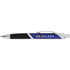 A metal pen in blue and black with a chrome clip and a logo on the barrel.