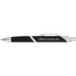 A black metal pen with a silver clip and a branding logo on the barrel.