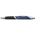 A metal pen in blue and black, featuring a logo, with a sleek design and chrome accents.