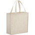 A beige non-woven shopper tote bag with two handles and a logo on one side. Perfect for shopping or carrying items.