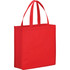 A red non-woven tote bag with two sturdy handles and a logo. Ideal for shopping or carrying items.