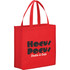 A red non-woven tote bag with two handles and a logo on one side.