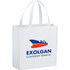 A white non-woven tote bag with a logo printed on the front, featuring two sturdy handles.