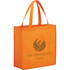 An orange non-woven tote bag with a logo, featuring sturdy handles for easy carrying.