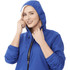 A lightweight women's jacket in bright blue, featuring a hood and zippered front. It has a logo on the chest.