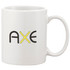 A white ceramic mug with a logo on one side, featuring black and yellow lettering.