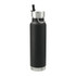 A drink bottle in matte black with a silver lid and a straw, featuring a handle for easy carrying.