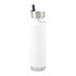 A drink bottle featuring a sleek white exterior, stainless steel accents, and a straw lid. It includes a logo.