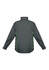 A grey jacket with long sleeves and lime green accents, featuring a logo on the back.