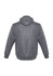 A grey men's jacket with a hood and long sleeves. The jacket features a logo on the back.