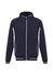 A navy blue soft shell jacket with white stripes and a zip front. It features a logo on the chest and side pockets.
