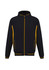 A black soft shell jacket with yellow accents, featuring a zip-up front and pockets. Includes a logo on the chest.