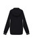 A black jacket featuring a hood and long sleeves, with a logo on the back.