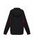 A black ladies jacket featuring red accents and a hood. It has a logo on the back.