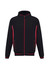A soft shell jacket in black with red accents, featuring zip pockets and a stand-up collar. It has a logo.