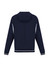 A navy soft shell jacket with a hood and white detailing, featuring a logo on the back side.