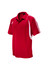 A red polo shirt featuring white side stripes and a collar. It has a logo on the chest.