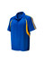 A blue polo shirt with yellow accents and stripes, featuring a collar and short sleeves. It has a logo.