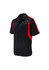 A black polo shirt with red accents and a logo, featuring short sleeves and a classic collar.