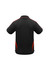 A black polo shirt featuring red accents and short sleeves, with a logo on the back.
