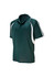 A men's polo shirt in dark green with white side accents and a collar. It features a logo on one side.