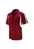 A maroon men's polo shirt featuring white stripes and a logo on the chest.