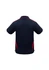A polo shirt in navy blue with red accents, featuring a logo on the back.