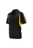 A black polo shirt featuring yellow accents and stripes, with a collar and short sleeves. It includes a logo.