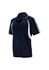 A navy blue polo shirt featuring white accent stripes and a logo on the chest. Suitable for kids.