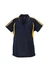 A navy polo shirt with yellow accents and a collar, featuring buttons and a branding logo.
