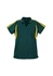 A green and yellow ladies polo shirt with short sleeves and a collar, featuring a logo.