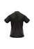 A black polo shirt with yellow detailing, featuring a logo on the back and a short-sleeved design.