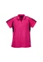 A pink polo shirt with black accents and a collar, featuring a logo on the front.