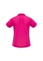 A pink polo shirt featuring a back view, designed with short sleeves and side accents, includes a logo.
