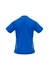 A blue polo shirt with yellow accents, featuring a logo on the back. Short sleeves and a collar complete the design.