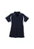 A navy blue ladies polo shirt with white side stripes and a collar. The shirt features a logo.