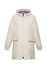 A women's cream overcoat with a hood, featuring zippered pockets and elasticised cuffs. It has a simple design and a branded tag.